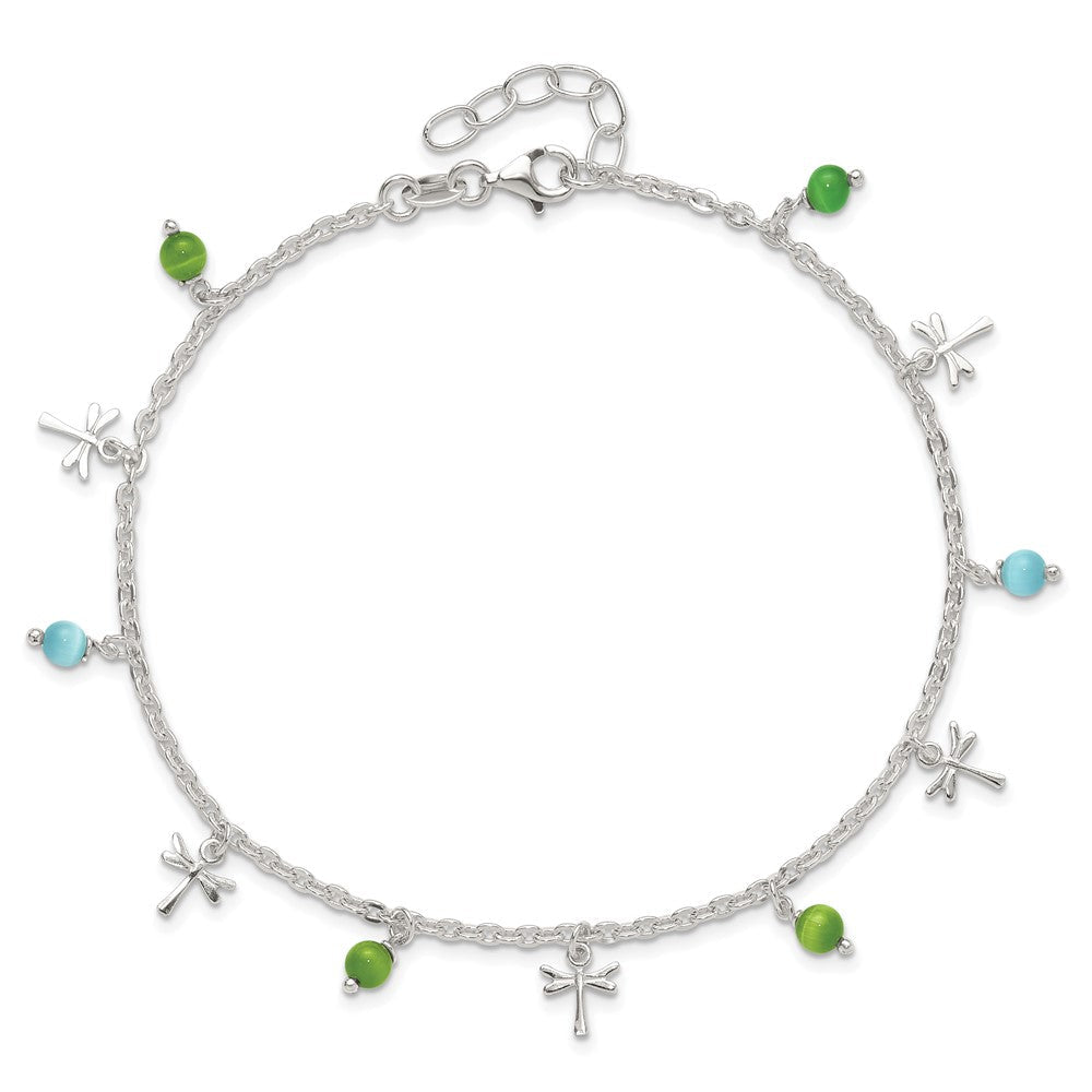 Sterlingsilber Libelle mit Aqua Grün Perlen 1ext Fußkettchen
