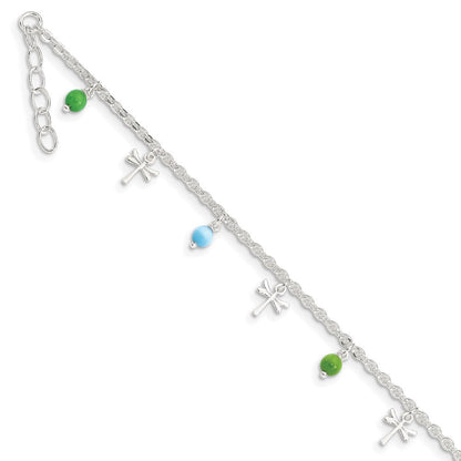 Sterlingsilber Libelle mit Aqua Grün Perlen 1ext Fußkettchen