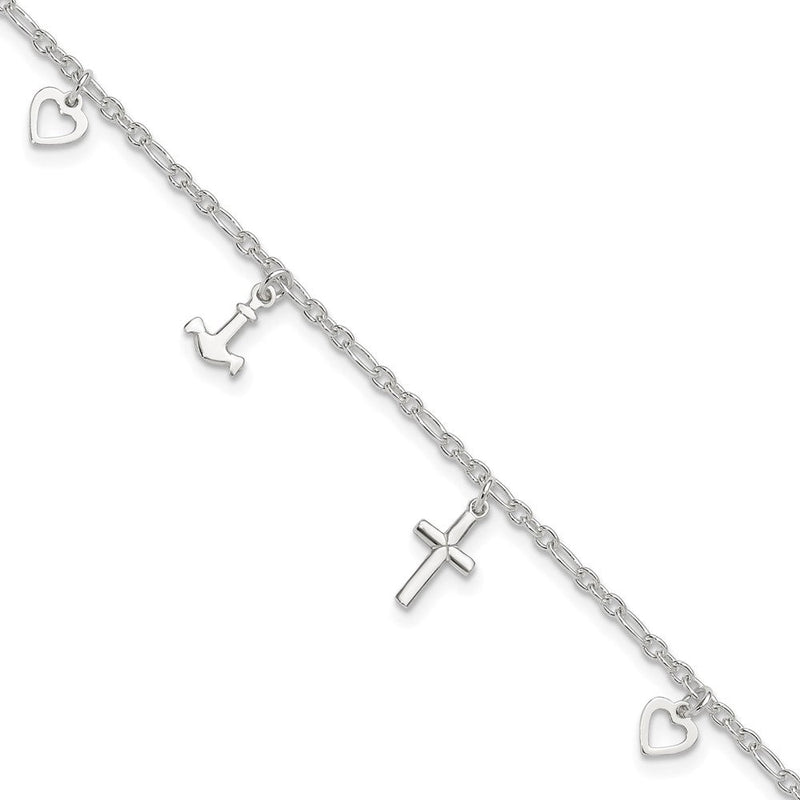 Sterlingsilber Kreuz Herz und Anker 9 Zoll Plus 1 Zoll Verlängerung Fußkettchen