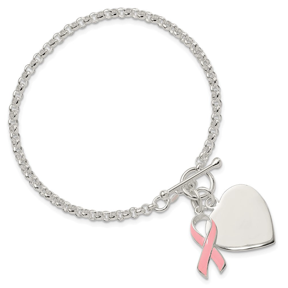 7.5 Zoll Sterlingsilber Fantasie Gravierbar Herz mit Rosa Schleife Armband