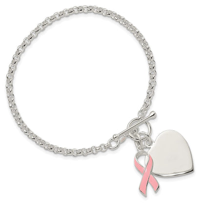7.5 Zoll Sterlingsilber Fantasie Gravierbar Herz mit Rosa Schleife Armband