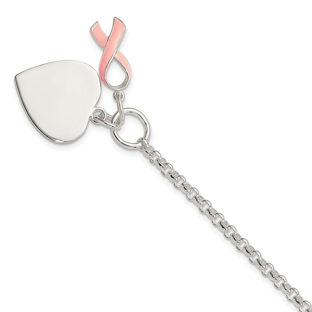 7.5 Zoll Sterlingsilber Fantasie Gravierbar Herz mit Rosa Schleife Armband