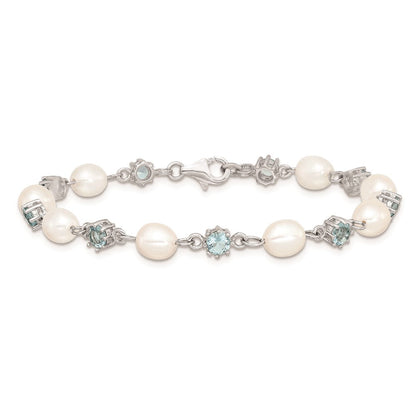 7 Zoll Sterlingsilber Rhodium Blau Zirkonia Fw Zuchtperle Armband