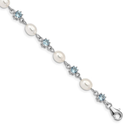 7 Zoll Sterlingsilber Rhodium Blau Zirkonia Fw Zuchtperle Armband