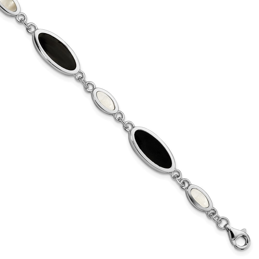 7 Zoll Sterlingsilber Rhodiniert Onyx und Perlmutt Armband