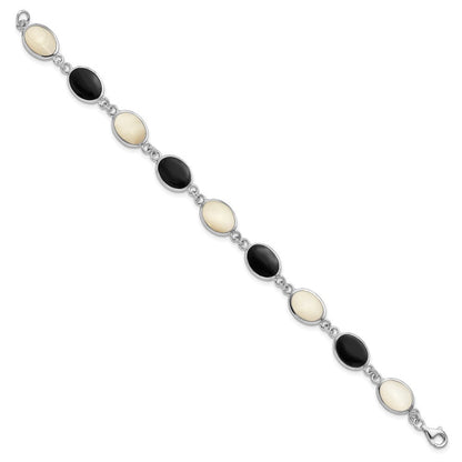 7 Zoll Sterlingsilber Rhodiniert Onyx und Perlmutt Armband