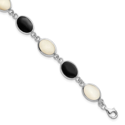 7 Zoll Sterlingsilber Rhodiniert Onyx und Perlmutt Armband