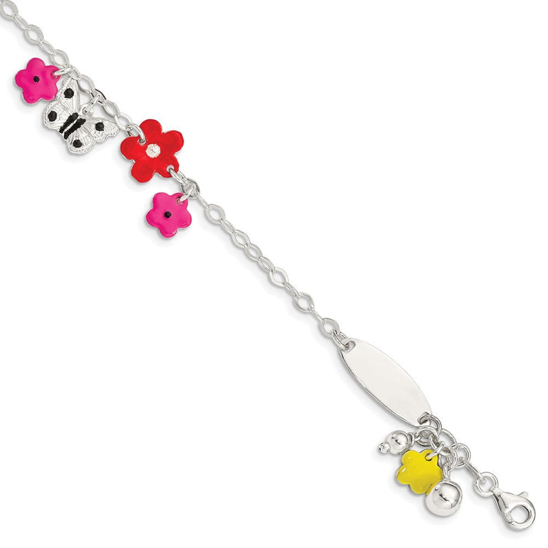 6 Zoll Sterlingsilber Poliert & Strukturiert Mehrfarbig Emailliert Blumen Schmetterling mit 1 Verlängerung Kinder Id Armband