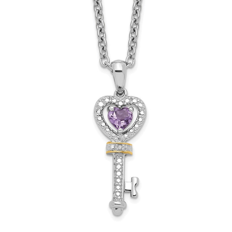 Sterlingsilber Brillant Gemstones mit 14K Akzente Rhodiniert Amethyst und Diamant Key 18 Zoll Halskette 2 Verlängerung