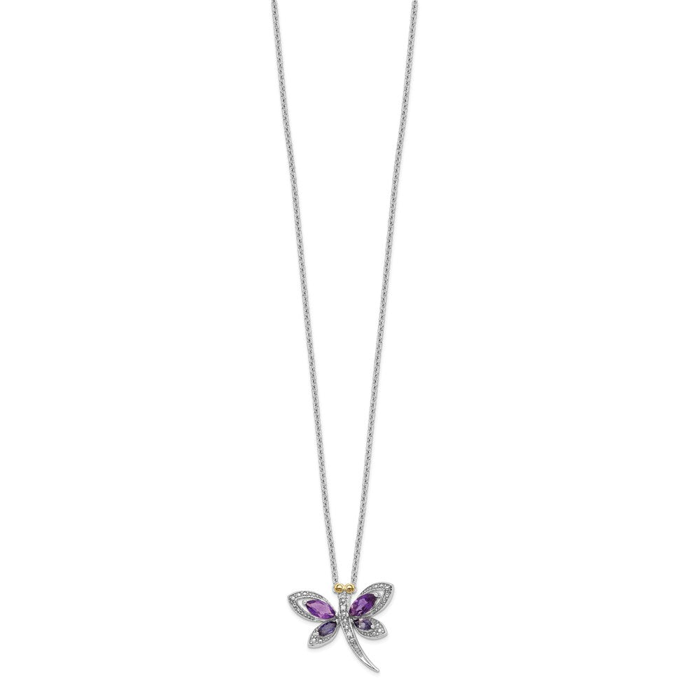 Sterlingsilber Brillant Gemstones mit 14K Akzente Rhodiniert Amethyst und Iolite Diamant Libelle 18 Zoll Halskette 2 Verlängerung
