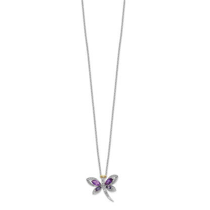 Sterlingsilber Brillant Gemstones mit 14K Akzente Rhodiniert Amethyst und Iolite Diamant Libelle 18 Zoll Halskette 2 Verlängerung