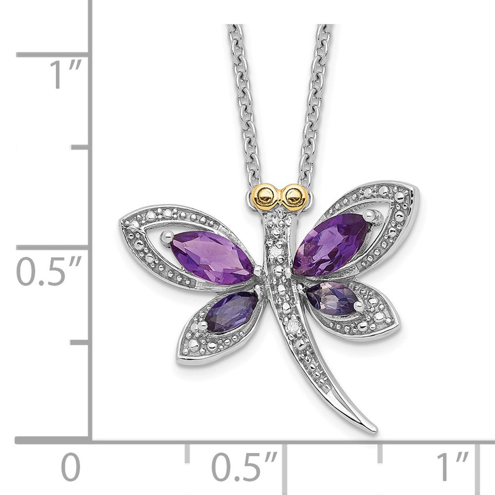Sterlingsilber Brillant Gemstones mit 14K Akzente Rhodiniert Amethyst und Iolite Diamant Libelle 18 Zoll Halskette 2 Verlängerung