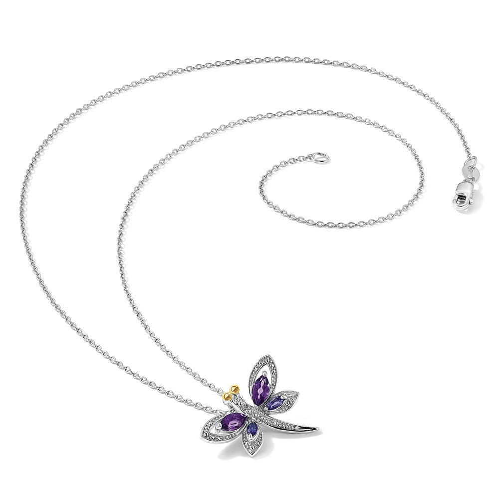 Sterlingsilber Brillant Gemstones mit 14K Akzente Rhodiniert Amethyst und Iolite Diamant Libelle 18 Zoll Halskette 2 Verlängerung