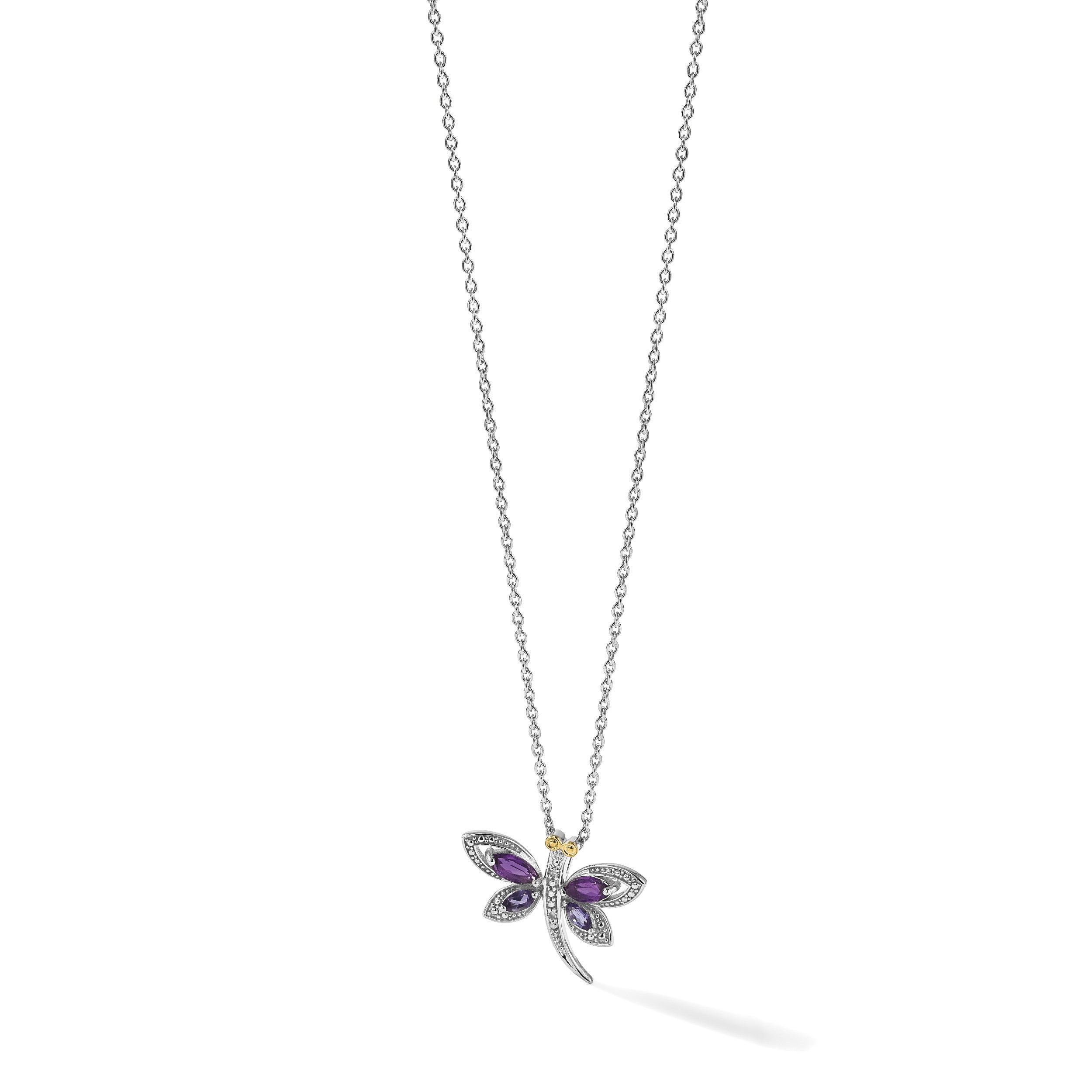 Sterlingsilber Brillant Gemstones mit 14K Akzente Rhodiniert Amethyst und Iolite Diamant Libelle 18 Zoll Halskette 2 Verlängerung