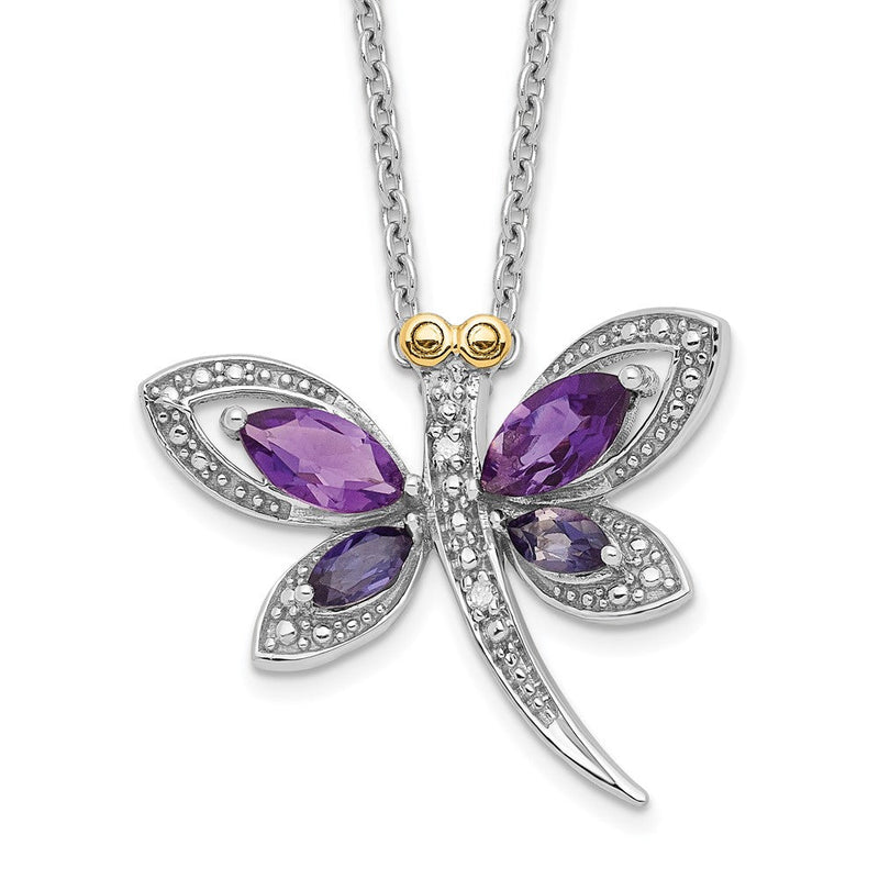 Sterlingsilber Brillant Gemstones mit 14K Akzente Rhodiniert Amethyst und Iolite Diamant Libelle 18 Zoll Halskette 2 Verlängerung
