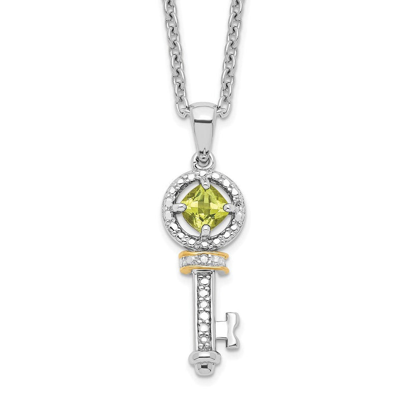 Sterlingsilber Brillant Gemstones mit 14K Akzente Rhodiniert Peridot und Diamant Key 18 Zoll Halskette 2 Verlängerung