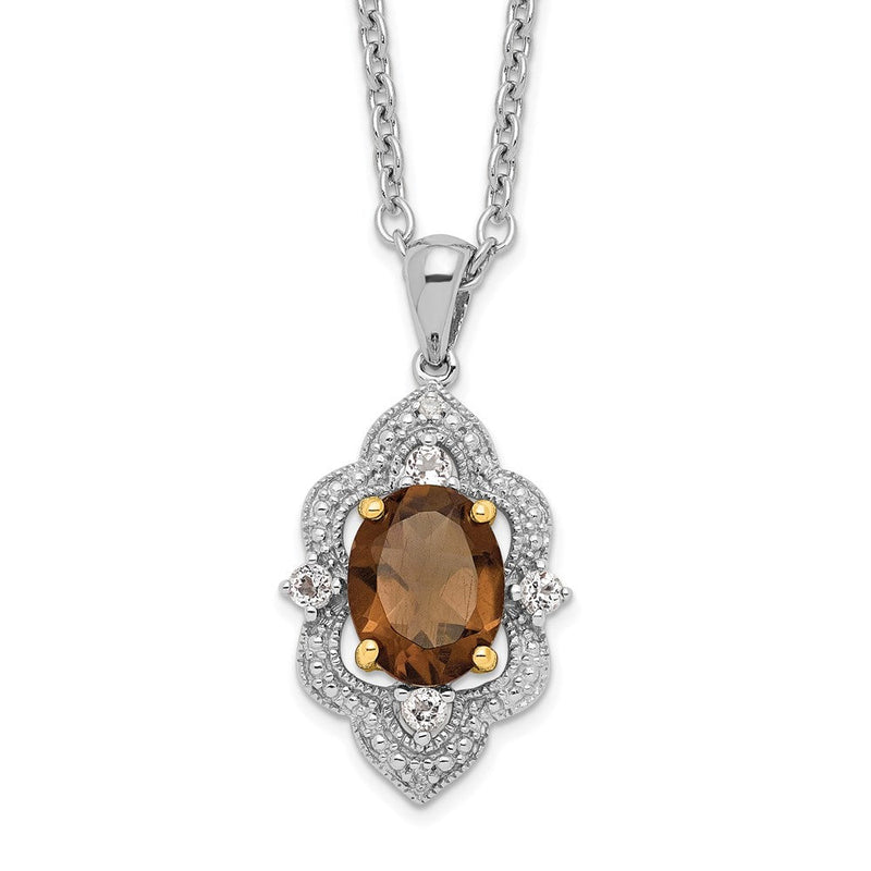 Sterlingsilber Brillant Gemstones mit 14K Akzente Rhodiniert Rauch Quarz und Weiß Topas Diamant 18 Zoll Halskette 2 Verlängerung