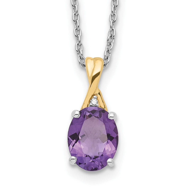 Sterlingsilber Brillant Gemstones mit 14K Akzente Rhodiniert Amethyst und Diamant 18 Zoll Halskette 2 Verlängerung