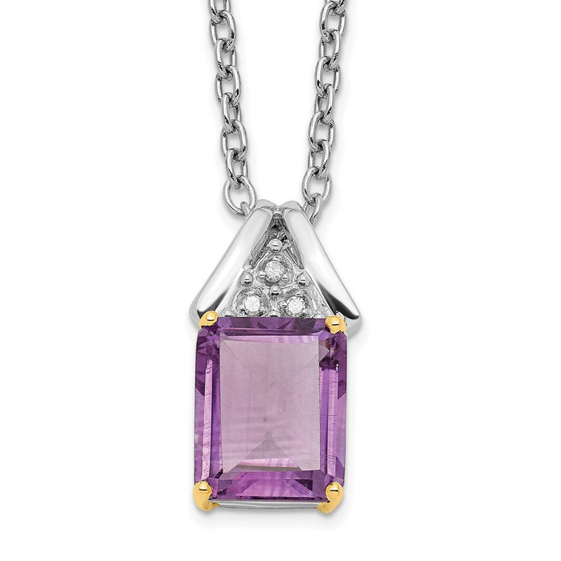Sterlingsilber Brillant Gemstones mit 14K Akzente Rhodiniert Amethyst und Diamant 18 Zoll Halskette 2 Verlängerung