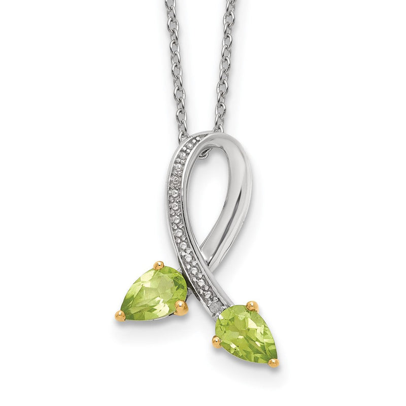 Sterlingsilber Brillant Gemstones mit 14K Akzente Rhodiniert Peridot und Diamant 18 Zoll Halskette 2 Verlängerung