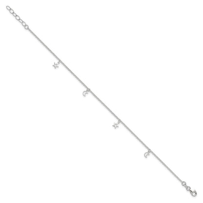 Sterlingsilber Mond und Sterne 9 Zoll Plus 1 Zoll Verlängerung. Fußkettchen
