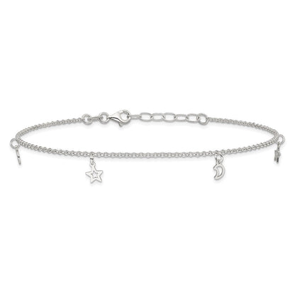 Sterlingsilber Mond und Sterne 9 Zoll Plus 1 Zoll Verlängerung. Fußkettchen