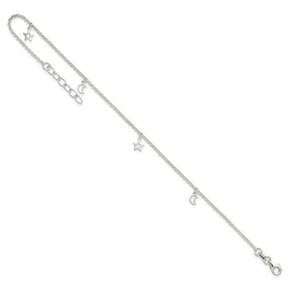 Sterlingsilber Mond und Sterne 9 Zoll Plus 1 Zoll Verlängerung. Fußkettchen