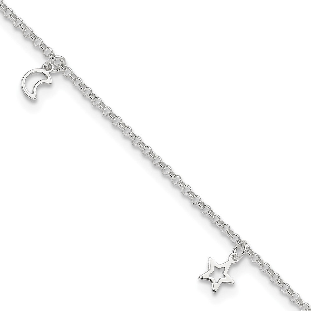 Sterlingsilber Mond und Sterne 9 Zoll Plus 1 Zoll Verlängerung. Fußkettchen
