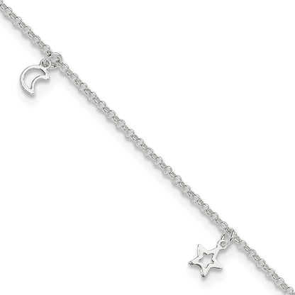 Sterlingsilber Mond und Sterne 9 Zoll Plus 1 Zoll Verlängerung. Fußkettchen