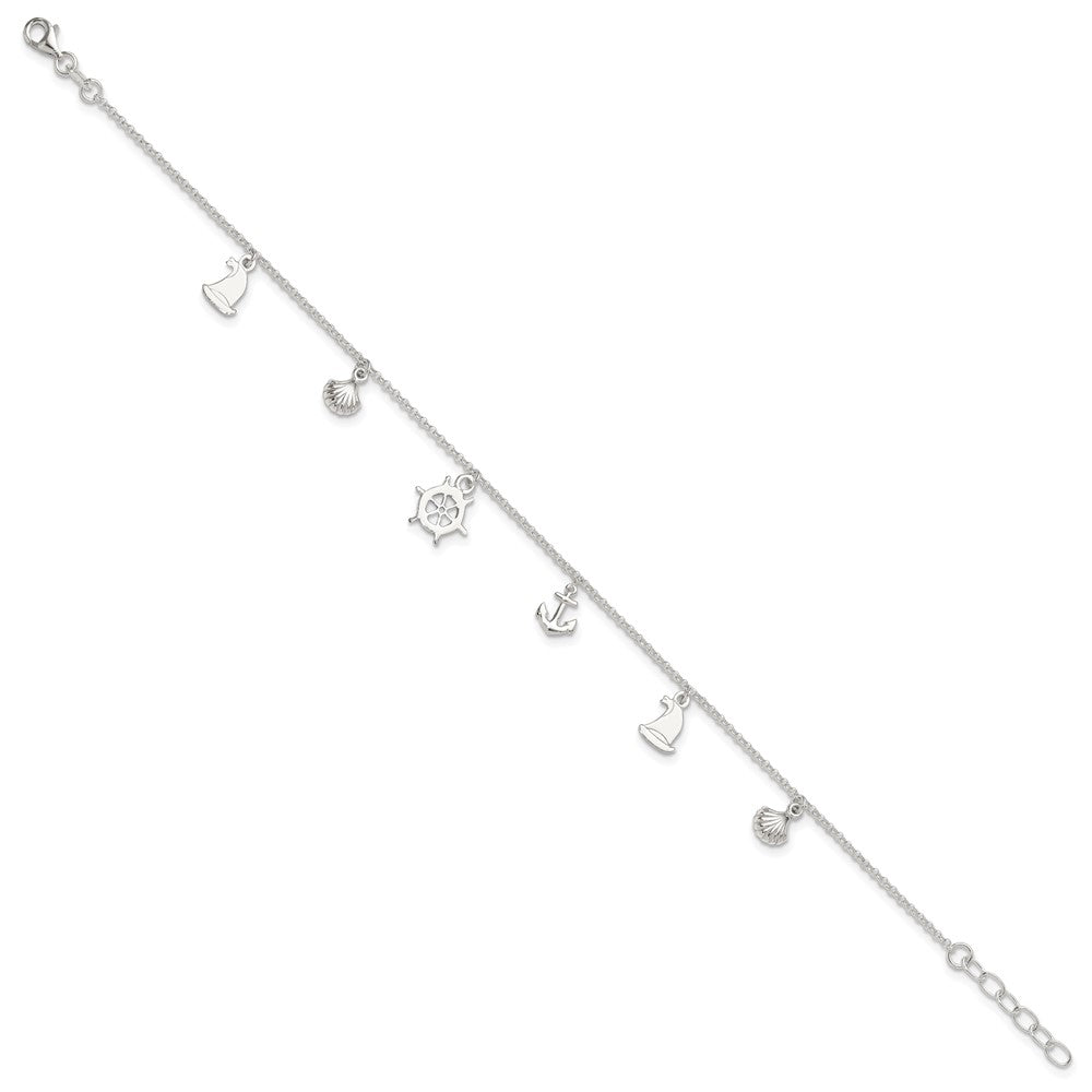 Sterlingsilber Poliert Ocean Theme 9 Zoll Plus 1 Zoll Verlängerung. Fußkettchen