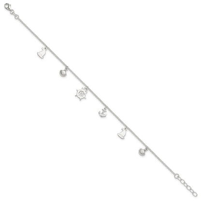 Sterlingsilber Poliert Ocean Theme 9 Zoll Plus 1 Zoll Verlängerung. Fußkettchen