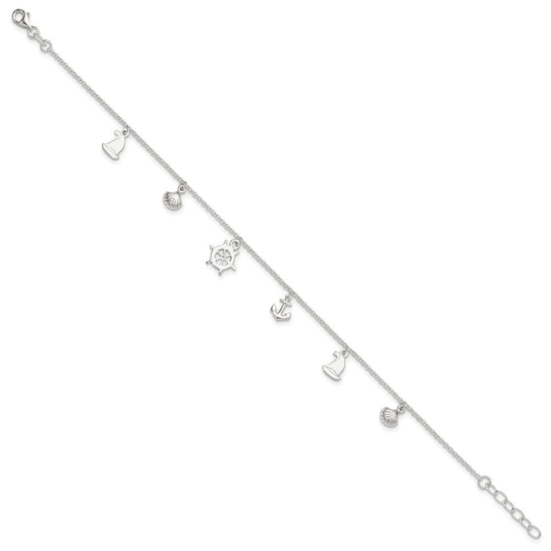 Sterlingsilber Poliert Ocean Theme 9 Zoll Plus 1 Zoll Verlängerung. Fußkettchen