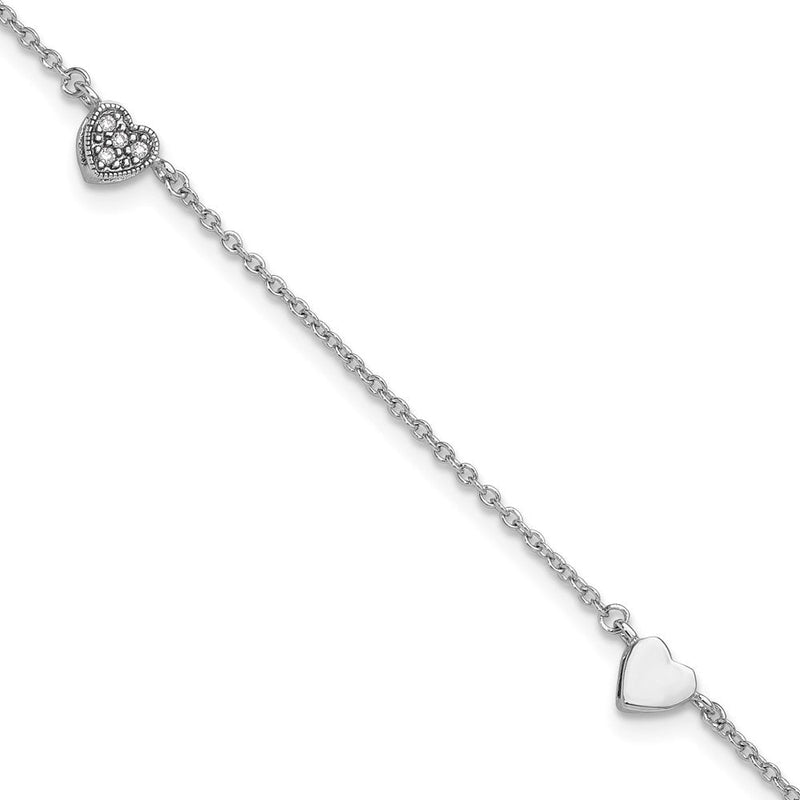 Sterlingsilber Rhodiniert Zirkonia 9 Zoll Plus 1 Zoll Verlängerung Herz Fußkettchen
