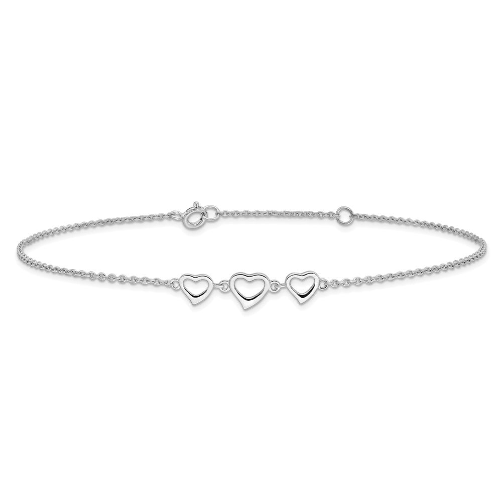 Sterlingsilber Rhodiniert 10 in Plus1 Verlängerung Drei Herzen Fußkettchen