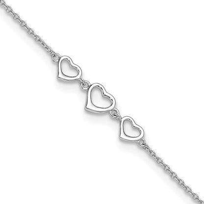 Sterlingsilber Rhodiniert 10 in Plus1 Verlängerung Drei Herzen Fußkettchen