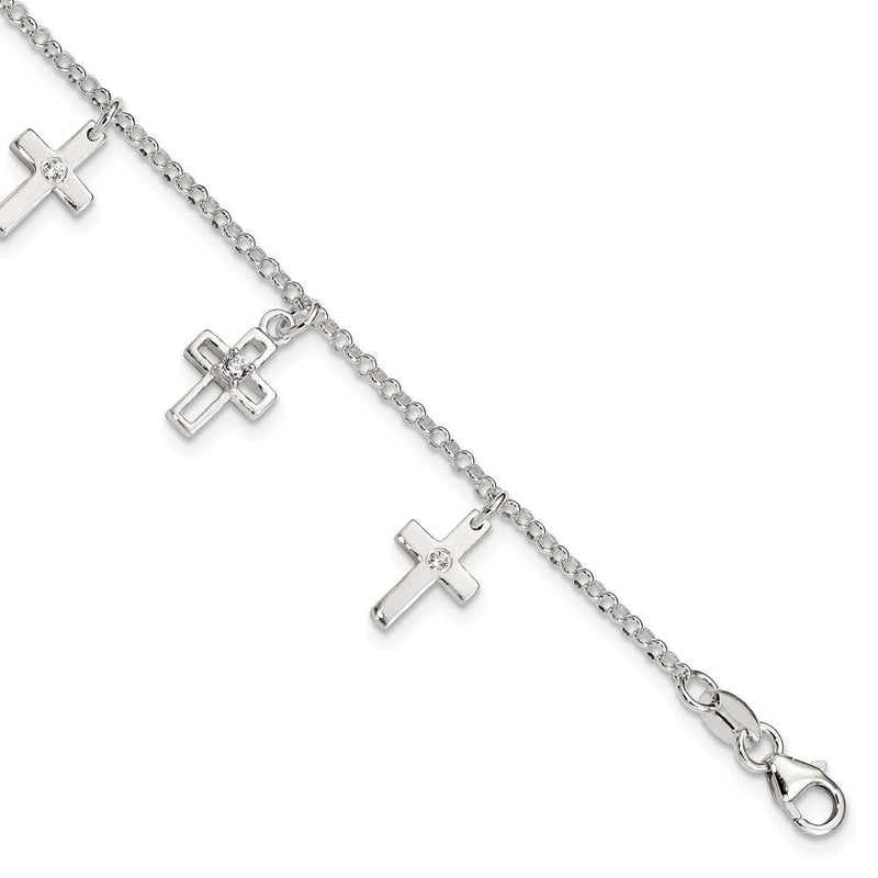 6 Zoll Sterlingsilber Poliert Zirkonia Crosses mit 1 Zoll Verlängerung. Kinder Armband