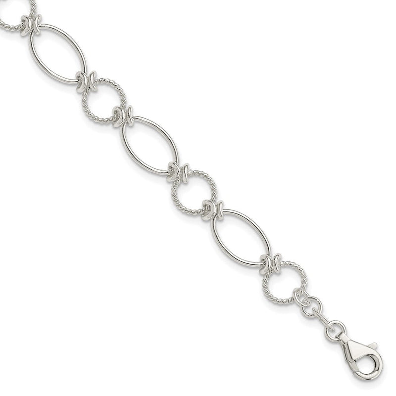 7.5 Zoll Sterlingsilber Poliert Strukturiert Fantasie Kreis und Oval Glieder Armband