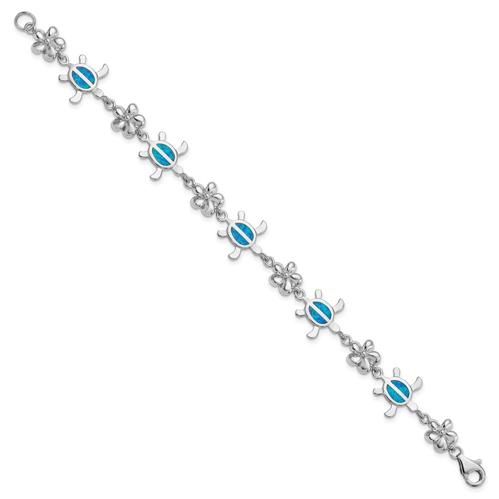 Sterlingsilber Rhodiniert Poliert 7 Zoll Erzeugt Blau Opal Tortoise mit Blume Armband