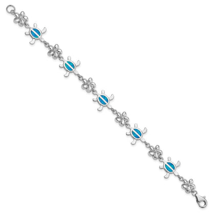 Sterlingsilber Rhodiniert Poliert 7 Zoll Erzeugt Blau Opal Tortoise mit Blume Armband