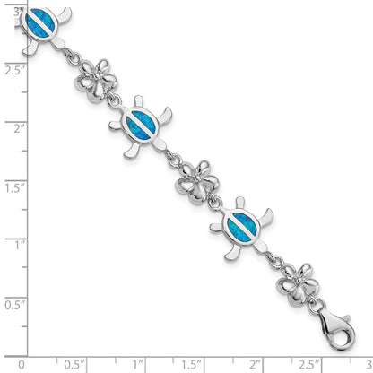 Sterlingsilber Rhodiniert Poliert 7 Zoll Erzeugt Blau Opal Tortoise mit Blume Armband