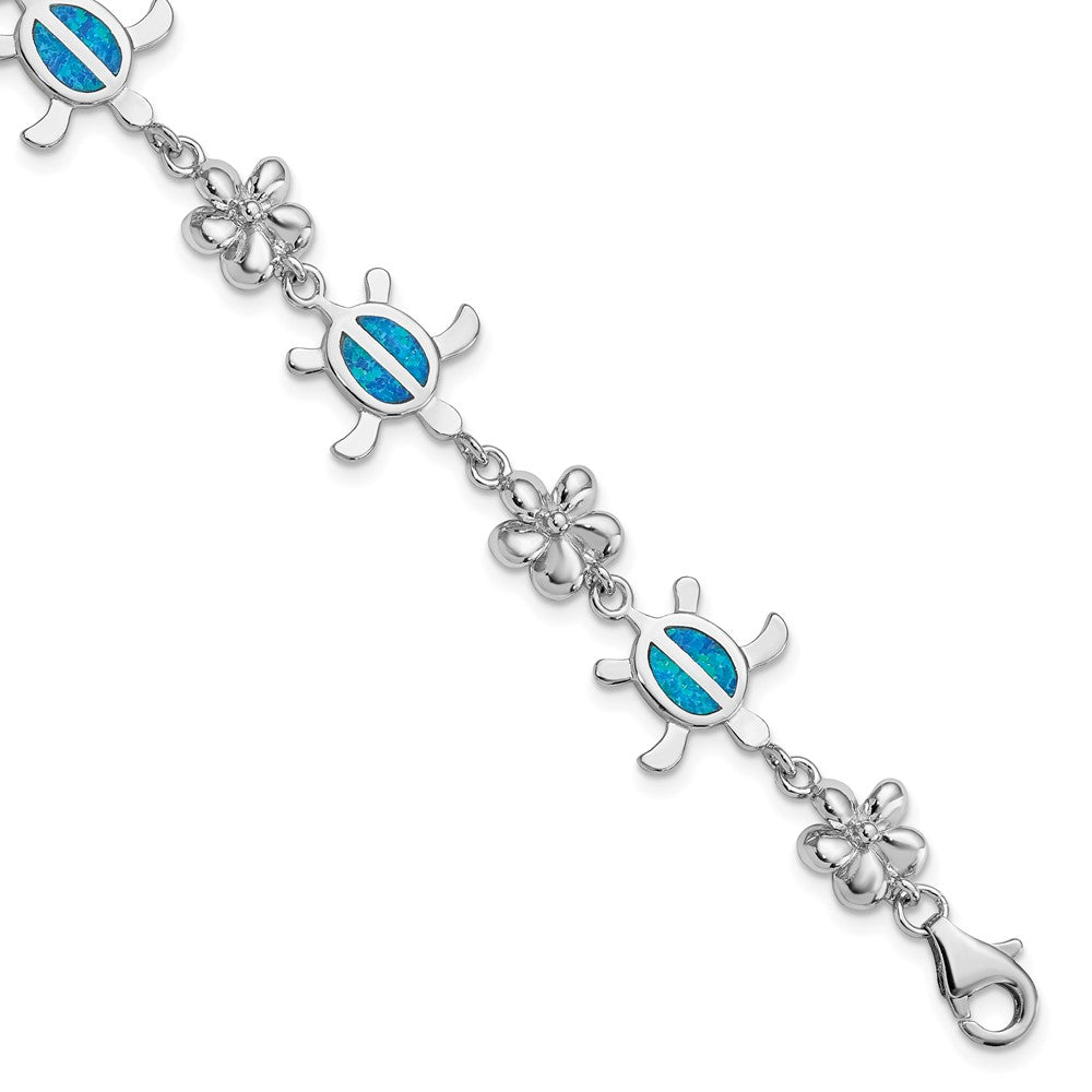 Sterlingsilber Rhodiniert Poliert 7 Zoll Erzeugt Blau Opal Tortoise mit Blume Armband