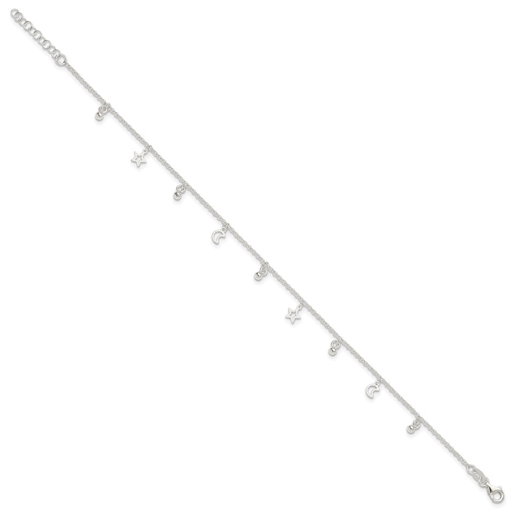 Sterlingsilber Poliert Perle Stern und Mond 9 Zoll Plus 1 Zoll Verlängerung. Fußkettchen