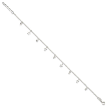 Sterlingsilber Poliert Perle Stern und Mond 9 Zoll Plus 1 Zoll Verlängerung. Fußkettchen
