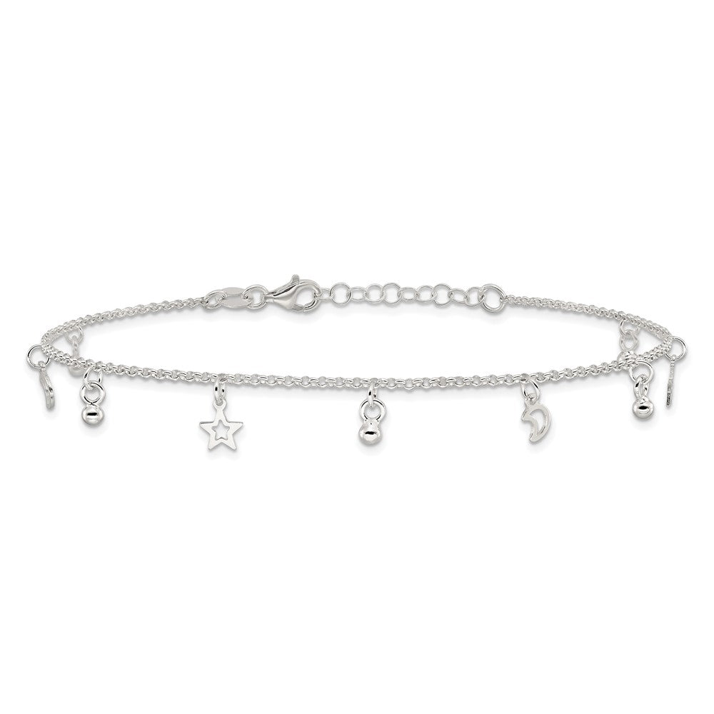 Sterlingsilber Poliert Perle Stern und Mond 9 Zoll Plus 1 Zoll Verlängerung. Fußkettchen
