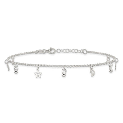 Sterlingsilber Poliert Perle Stern und Mond 9 Zoll Plus 1 Zoll Verlängerung. Fußkettchen