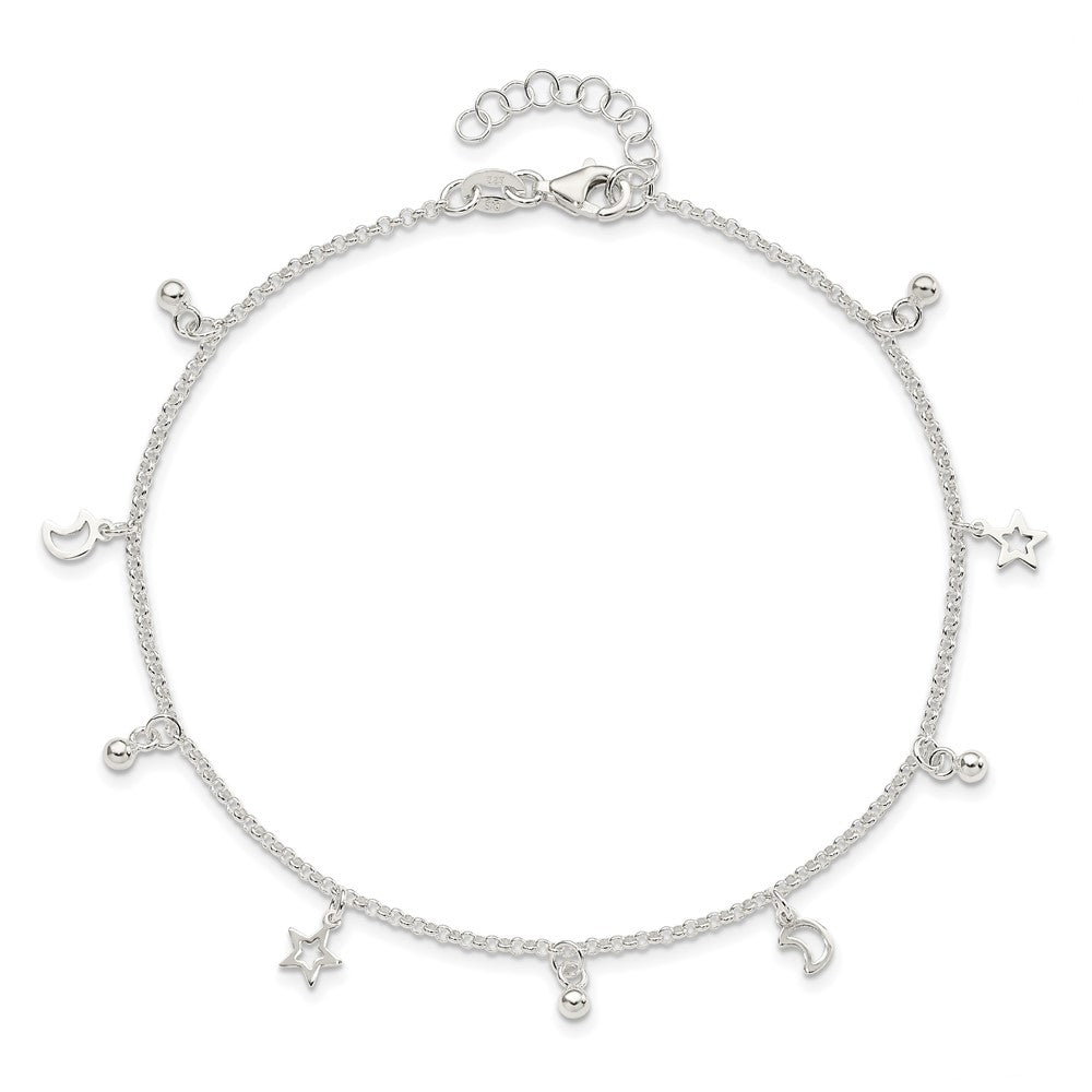 Sterlingsilber Poliert Perle Stern und Mond 9 Zoll Plus 1 Zoll Verlängerung. Fußkettchen