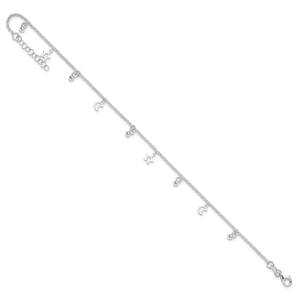 Sterlingsilber Poliert Perle Stern und Mond 9 Zoll Plus 1 Zoll Verlängerung. Fußkettchen