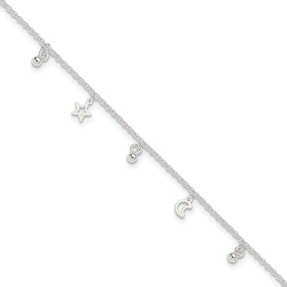 Sterlingsilber Poliert Perle Stern und Mond 9 Zoll Plus 1 Zoll Verlängerung. Fußkettchen