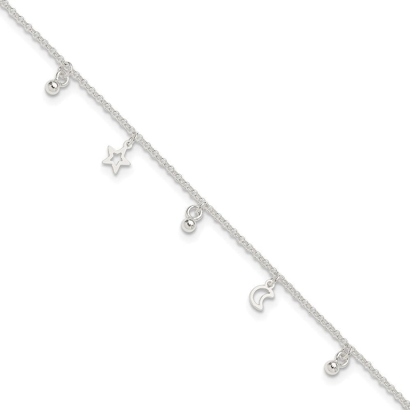 Sterlingsilber Poliert Perle Stern und Mond 9 Zoll Plus 1 Zoll Verlängerung. Fußkettchen