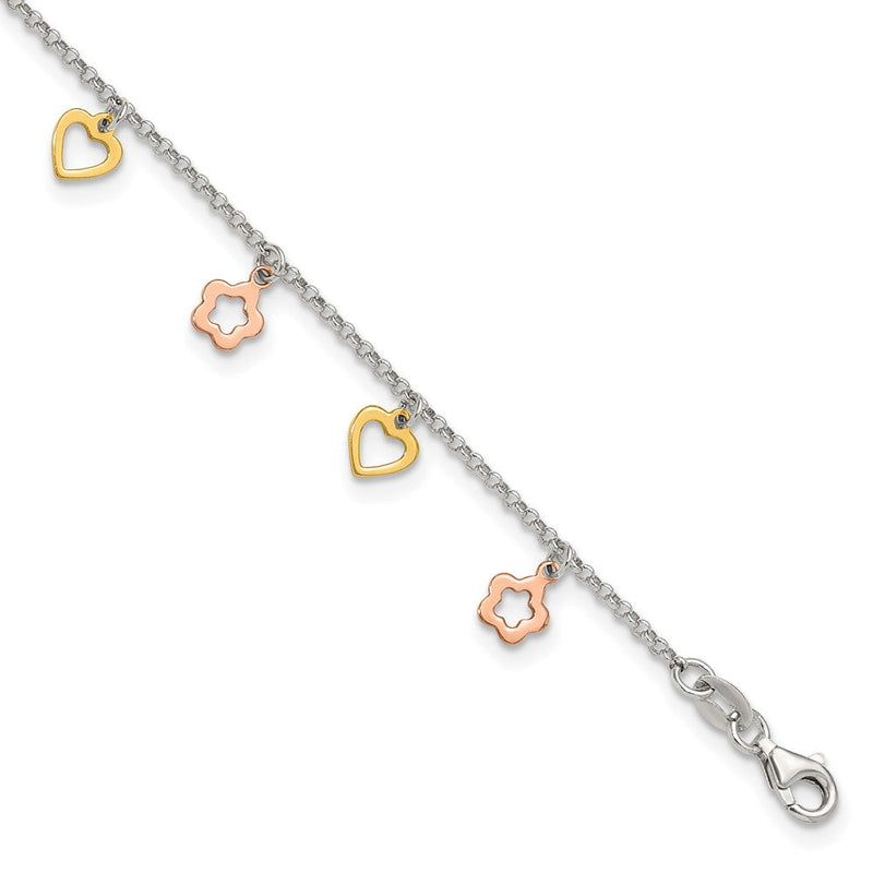 Sterlingsilber Gold und Roséfarben Herz Blume 9 Zoll Plus 1 Zoll Verlängerung. Fußkettchen